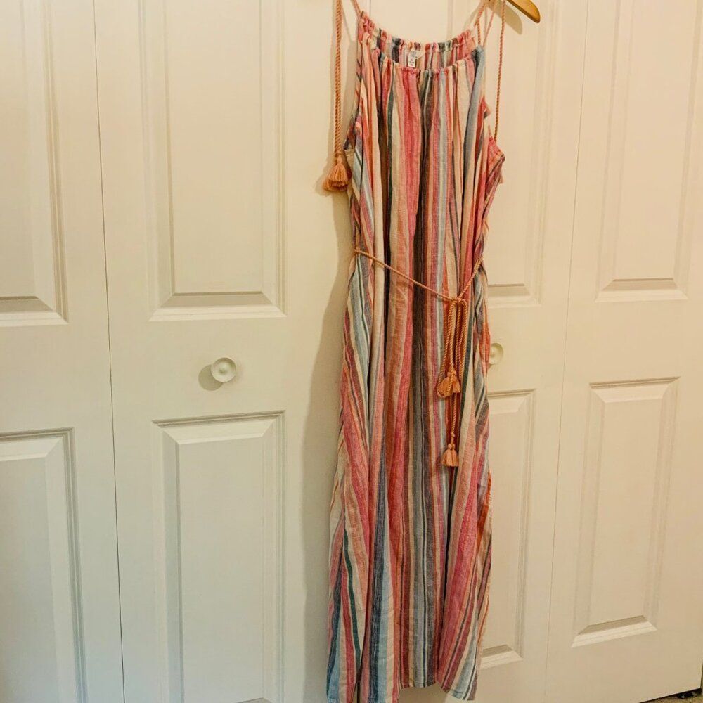 Time and Tru Women's Coral Stripe Tie Shoulder Linen Blend Maxi Dress XL New - Picture 6 of 13